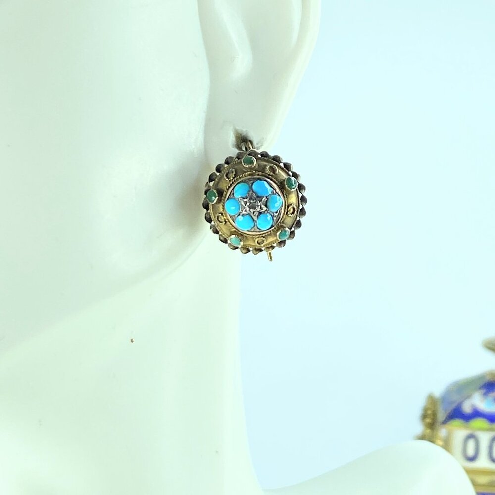 Victorian 15ct Gold, Turquoise & Diamond Round Earrings 3.4g 14.5mm JR9956